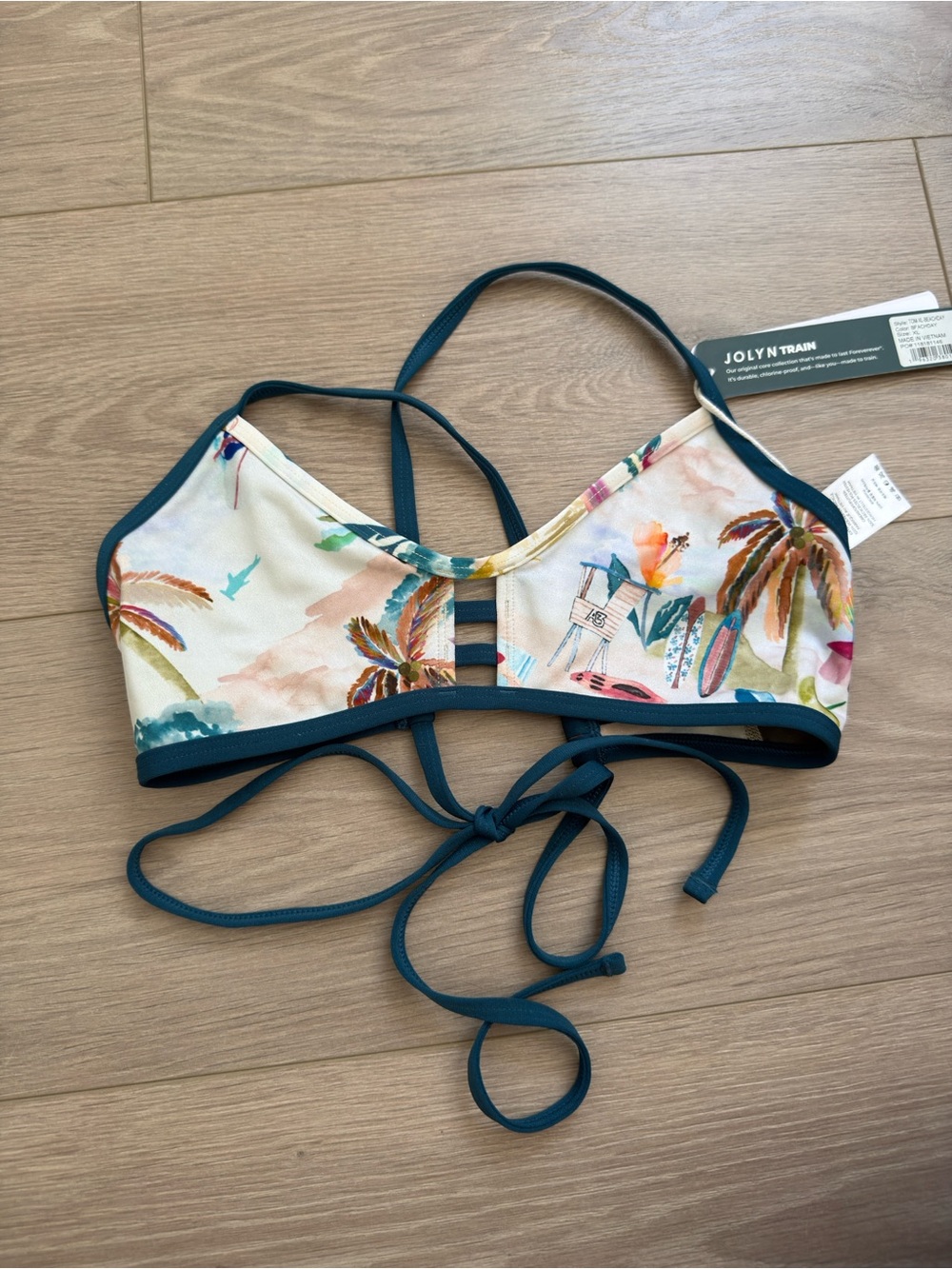 Jolyn Clothing Tropical Print Bikini Top with Teal Trim